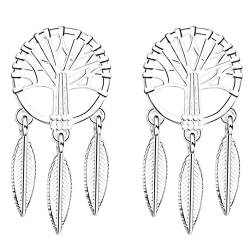 Ditz Damen Ohrstecker 925 Silber mit Lebensbaum Traumfänger Federn Anhänger Boho Vintage Ohrringe Dreamcatcher Hängend von Ditz