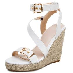 Damen Espadrille mit Absatz, Sandalen Offene Zeh Leisure Keilabsatz Party Schuhe mit Plateau Schnalle Knöchelriemchen, 14549Xcp Weiß Gr 49 EU von Diuniarza