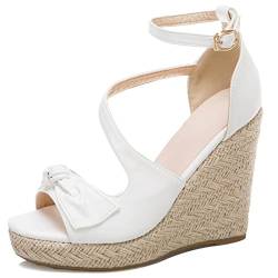 Damen Espadrille mit Absatz, Sandalen Peep Toe Leisure Keilabsatz Party Schuhe mit Plateau Schnalle Knöchelriemchen, 14455Ade Weiß Gr 40 EU von Diuniarza