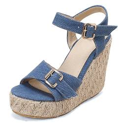 Damen Espadrille mit Absatz, Sandalen Peep Toe Leisure Keilabsatz Party Schuhe mit Plateau Schnalle Knöchelriemchen, 14985Toc Blau Gr 48 EU von Diuniarza