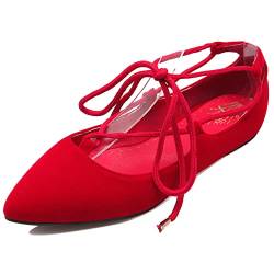 Damen Flache Ballettschuhe Pointed Toe Lässige Pump Schnüren Flache Tanzschuhe Ankle Wrap, 11328Wdh Rot Gr 42 EU von Diuniarza