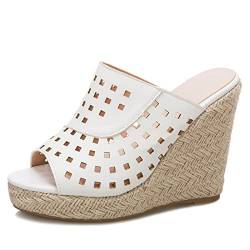 Damen Pantoletten mit Absatz, Sandalen Peep Toe Leisure Keilabsatz Party Espadrille mit Plateau Ohne Verschluss Studded, 13034Hbr Weiß Gr 39 EU von Diuniarza