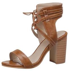 Damen Sandale mit Absatz, Sandalen Offene Zeh Retro Blockabsatz Abendschuhe Schnüren Ankle Wrap, 4549Fct Braun Gr 45 EU von Diuniarza