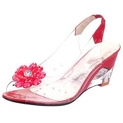 Damen Sandale mit Absatz, Sandalen Peep Toe Leisure Keilabsatz Slingback Schuhe Ohne Verschluss Blume Transparent, 11422Yfz Rot Gr 34 EU von Diuniarza