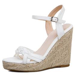 Diuniarza Damen Espadrille mit Absatz, Sandalen Offene Zeh Leisure Keilabsatz Party Schuhe mit Plateau Schnalle Knöchelriemchen, 14174Xyg Weiß Gr 34 EU von Diuniarza