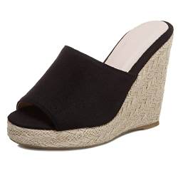 Diuniarza Damen Pantoletten mit Absatz, Sandalen Offene Zeh Leisure Keilabsatz Party Espadrille mit Plateau Ohne Verschluss Simple, 12987Yda Schwarz Gr 35 EU von Diuniarza