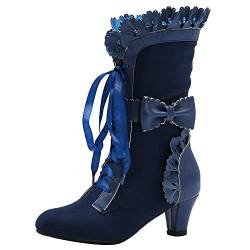 Diuniarza Damen Stiefeletten mit Mittlerem Absatz, Partystiefel Blockabsatz Schnüren Almond Toe Stiefeletten Retro Ruffles, 10986Xyw Blau Gr 38 EU von Diuniarza