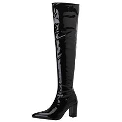 Diuniarza Overknee-Stiefel mit Blockabsatz Für Damen, Partystiefel Mode Zip Overknees Stiefel Höhe Ferse Pointed Toe, 9393Oob Schwarz Gr 42 EU von Diuniarza