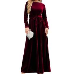 Damen Elegant Samt Langarm Maxikleid Winter Party Lang Cocktail Abendkleider mit Gürtel, dunkelrot, XX-Large von Dixacyer