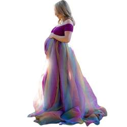 Frauen Mutterschaft Fotoshooting Kleid Regenbogen Flowy Schwangerschaft Kleidung Kleid Schwangere Fotografie Elegante Lange Kleider, violett, X-Large von Dixacyer