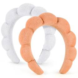 DiyJibb Spa-Stirnbänder für Damen - Puffy Make-up Stirnband Combo Pack - Set mit 2 Frottee-Stoff-Haarbändern zum Waschen des Gesichts (weiß + orange) von DiyJibb