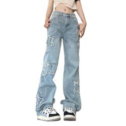 Y2K Damen-Jeans, trendig, hohe Taille, weites Bein, ästhetische Sterne-Hose, Teenager, Mädchen, Freund, lockere Passform, Stern-Stickerei-Jeans, Blau, M von Djeanxa