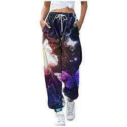 Dkings Jogginghose Damen Sporthose Lang Yoga Hose Freizeithose mit Schmetterling Motiv Kordelzug Laufhosen High Waist Trainingshose Sweathose für Frauen (XXL, Lila-1) von Dkings