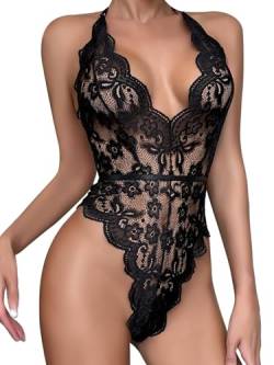 Dlsave Damen Sexy Dessous tiefer V-Ausschnitt Spitze Bodysuit Braut Freche Teddy Dessous Body Suits Tops Outfits, Schwarz, S von Dlsave