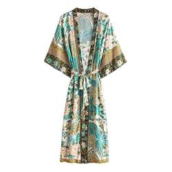 Dndrdhfb Damen-Kimono mit Pfauen-Blumenmuster, Fledermausärmel, Strand-Kimono, Damen, V-Ausschnitt, Quaste, Boho-Bademantel, Fluoreszierend EN8, 36 von Dndrdhfb