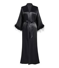 Dninmim Damen Langarm Gürtel Satin Kimono Robe Weiß Feder Trim Glatt Pyjama, Schwarz , 38 von Dninmim