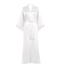 Dninmim Damen Langarm Gürtel Satin Kimono Robe Weiß Feder Trim Glatt Pyjama, weiß, 36 von Dninmim