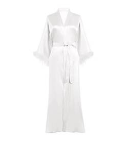 Dninmim Damen Langarm Gürtel Satin Kimono Robe Weiß Feder Trim Glatt Pyjama, weiß, 38 von Dninmim