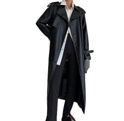 Dninmim Damen Langer Grauer Pu-Leder-Trenchcoat Raglanärmel Lange Frühlings-Herbst-Trenchjacke Black S von Dninmim