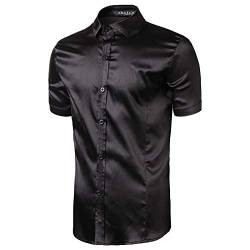 Dninmim Herren Kurzarm Seide Schwarz Kleid Satin Hemd Sommer Casual Party Hochzeit Event Abschlussball Shirt, Schwarz , L von Dninmim