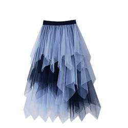 Dninmim Unregelmäßiger langer Tüllrock für Damen, kontrastierende Farbe, hohe Taille, Faltenrock, Sommer, blau, Einheitsgröße von Dninmim