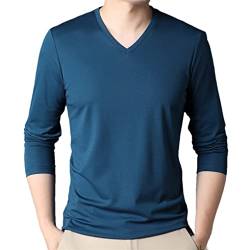 T-Shirt aus Seide und Baumwolle für Herren, langärmelig, V-Ausschnitt, Herren, Weiß, einfarbig, Schwarz, blau, 58 von Dninmim