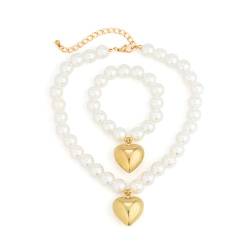 Doact Herz-Knebel-Schmuckset, Elegantes, Vielseitiges Herz-Knebelarmband-Halsketten-Set mit Perlen, Modischer OT-Verschluss für Kleider für Frauen (Freie Größe) von Doact