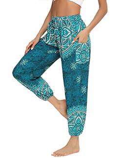 Doaraha Damen Hippie Hose Haremshose Boho Gemustert, Pumphose mit Taschen,Lose Freizeithose Yogahose Bunt Indischer Stil, Yoga Pilates Hosen (Blume-Blau, S) von Doaraha