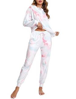 Doaraha Damen Zweiteiliger Schlafanzug Lang Farbstoff Binden Pyjama Set Nachtwäsche Langarm, Sleepwear Hausanzug von Doaraha