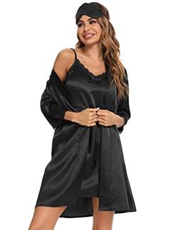 Doaraha Morgenmantel Damen Leicht Satin mit Schlafmaske Nachthemd Sexy Zweiteilig mit Spitze Kimono Robe Kurz (Schwarz, L) von Doaraha