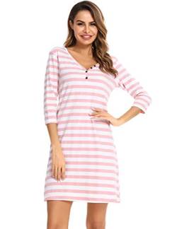 Doaraha Nachthemd Damen Baumwolle 3/4 Arm Schlafshirt Gestreift Nachtkleid Kurz Sleepshirt V-Ausschnitt Geknöpft (Pink, L) von Doaraha