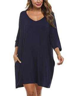 Doaraha Nachthemd Damen Baumwolle Sexy Nachtkleid Kurz V-Ausschnitt 3/4 Arm, Sleepshirt Schlafhemd Nachtwäsche Locker für Frauen Große Größen von Doaraha