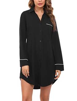 Doaraha Nachthemd Damen Langarm Knopfleiste Durchgehend, Schlafshirt mit Kragen Sexy Boyfriend Sleepshirt Kurz (Schwarz, M) von Doaraha