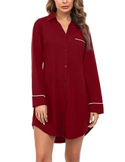 Doaraha Nachthemd Damen Langarm mit Knopfleiste, Schlafshirt mit Knöpfen Boyfriend Sleepshirt Kurz (Winerot, L) von Doaraha