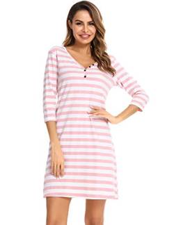 Doaraha Nachthemd Damen Streifen Schlafshirt Baumwolle Nachtkleid Kurz 3/4 Arm Sleepshirt V-Ausschnitt Schlafhemd (Pink, S) von Doaraha