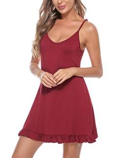 Doaraha Nachthemd Damen V-Ausschnitt Ärmellos Sexy mit Rüschen, Nachtkleid Kurz Schlafkleid (Winerot, L) von Doaraha