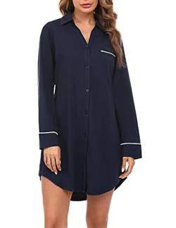 Doaraha Nachthemd Damen mit Knöpfen Langarm Schlafshirt Sexy Knopfleiste Boyfriend Sleepshirt mit Kragen (Dunkelblau, XL) von Doaraha