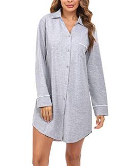 Doaraha Nachthemd Damen mit Knöpfen Langarm Schlafshirt Sexy Knopfleiste Boyfriend Sleepshirt mit Kragen (Grau, XL) von Doaraha