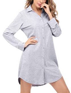 Doaraha Nachthemd Damen mit Knöpfen Langarm Schlafshirt Sexy Knopfleiste Boyfriend Sleepshirt mit Kragen (Grau mit Pünktchen, XL) von Doaraha