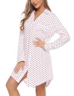 Doaraha Nachthemd Damen mit Knöpfen Langarm Schlafshirt Sexy Knopfleiste Boyfriend Sleepshirt mit Kragen (Weiß mit Herzen, XL) von Doaraha