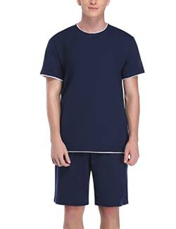Doaraha Schlafanzug Herren Kurz Set Pyjama 100% Baumwolle Zweiteilige Nachtwäsche Einfarbig Sommer Sleepwear Hausanzug für Männer (4-Einfarbig-Dunkelblau, L) von Doaraha