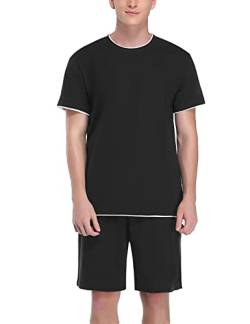 Doaraha Schlafanzug Herren Kurz Set Pyjama 100% Baumwolle Zweiteilige Nachtwäsche Einfarbig Sommer Sleepwear Hausanzug für Männer (4-Einfarbig-Schwarz, M) von Doaraha
