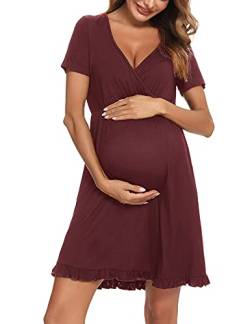Doaraha Stillnachthemd Damen Geburt Still Nachthemd Kurzarm Umstandsnachthemd Schwangerschaft (Winerot, XL) von Doaraha