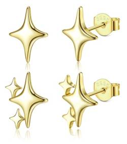 Dochais 2 Paar Stern Ohrstecker Damen Hypoallergene Gold Ohrringe Set 14K Vergoldete Sterling Silber 925 Kleine Mädchen Sterne Ohrringe Stecker Schmuck Geschenk für Frauen Knorpel Helix Conch Piercing von Dochais