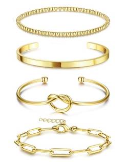 Dochais 4 Pcs Armband Damen Gold, Ketten Armbander Für Damen, Armband Damen Vergoldet 18k, Armbänder Gold Verstellbares, Twist Armband Büroklammer Armband Goldperlen Armband von Dochais