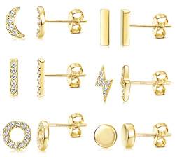 Dochais 6 Paar Damen Ohrringe 925er Sterling Silber Ohrstecker Hypoallergene Ohrringe Cubic Zirkonia Stud Earrings Farbe: Gold von Dochais