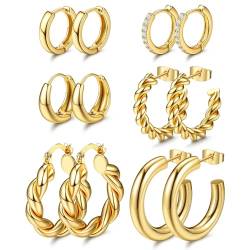 Dochais 6 Paar Gold Creolen Ohrringe Set, Ohrringe Vergoldet 14K, Creolen Gold Klein, Hypoallergen Ohrringe Creolen Zirkonia, Gold Hoop Earrings, Huggie Twist Ohrringe für Damen Frauen Gold von Dochais