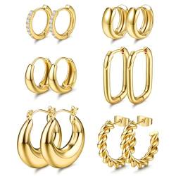 Dochais 6 Paar Gold Creolen Ohrringe Set, Ohrringe Vergoldet 14K, Creolen Gold Klein, Hypoallergen Ohrringe Creolen Zirkonia, Gold Hoop Earrings, Twist Huggie Ohrringe für Damen Frauen Gold von Dochais