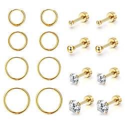 Dochais 8 Paar Ohrring Set, 316L Chirurgenstahl, 14K Gold plattiert Cubic Zirkonia Runde Ohrstecker, Hypoallergene Knorpel Huggie Hoop, Mehrfach-Piercing (Gold, Silber) von Dochais