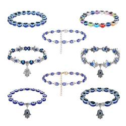 Dochais 8 Stück Evil Eye Armband Set, Evil Eye Armband Blau, Hamsa Hand Armband, Hand von Fatima Armband, Armband Türkisches Auge Perlen, Stretch, 7 Chakren Armband Glücksarmband für Damen Herren von Dochais